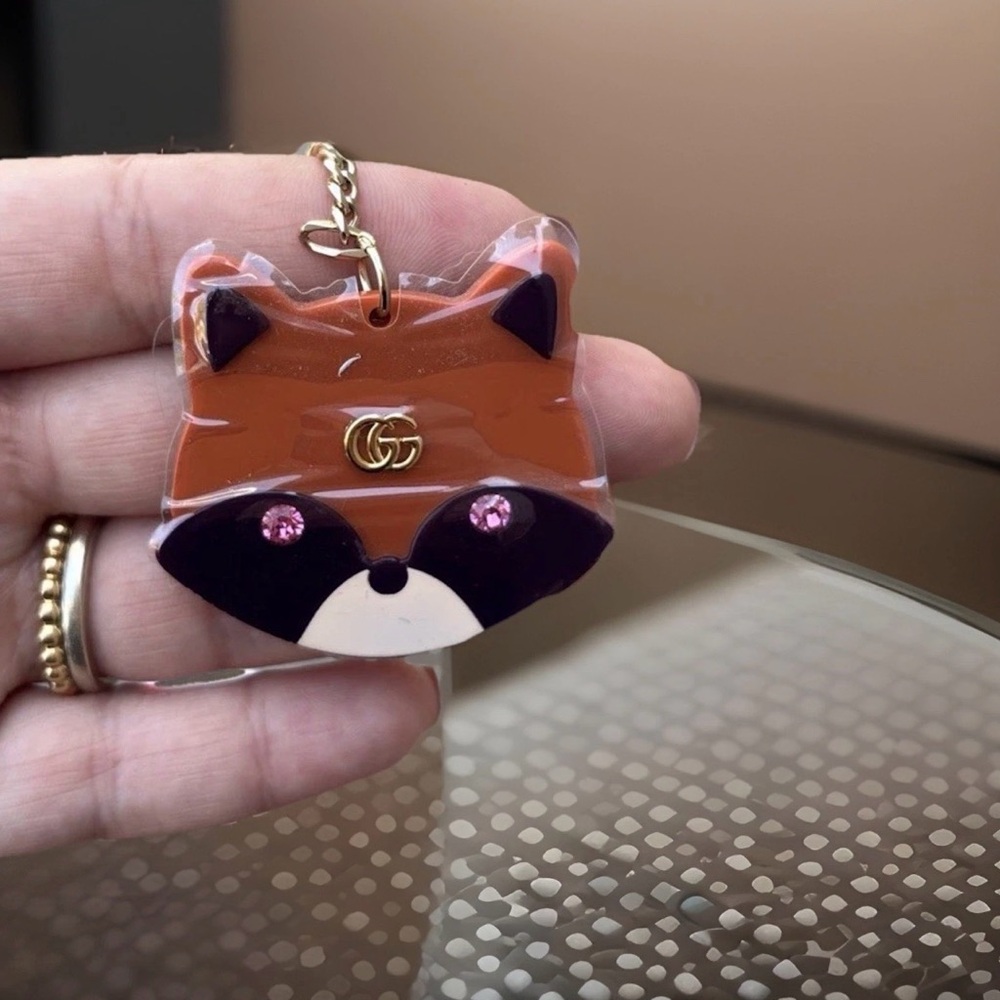 Gucci Orange and Black/Maroon Fox Raccoon Pink Crystal Charms with Gold Hardware